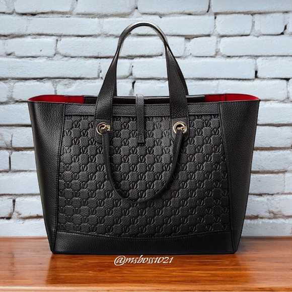 RARE Valentino by Mario Valentino Sophie Medallion Leather Tote in Black/Red - Picture 2 of 4